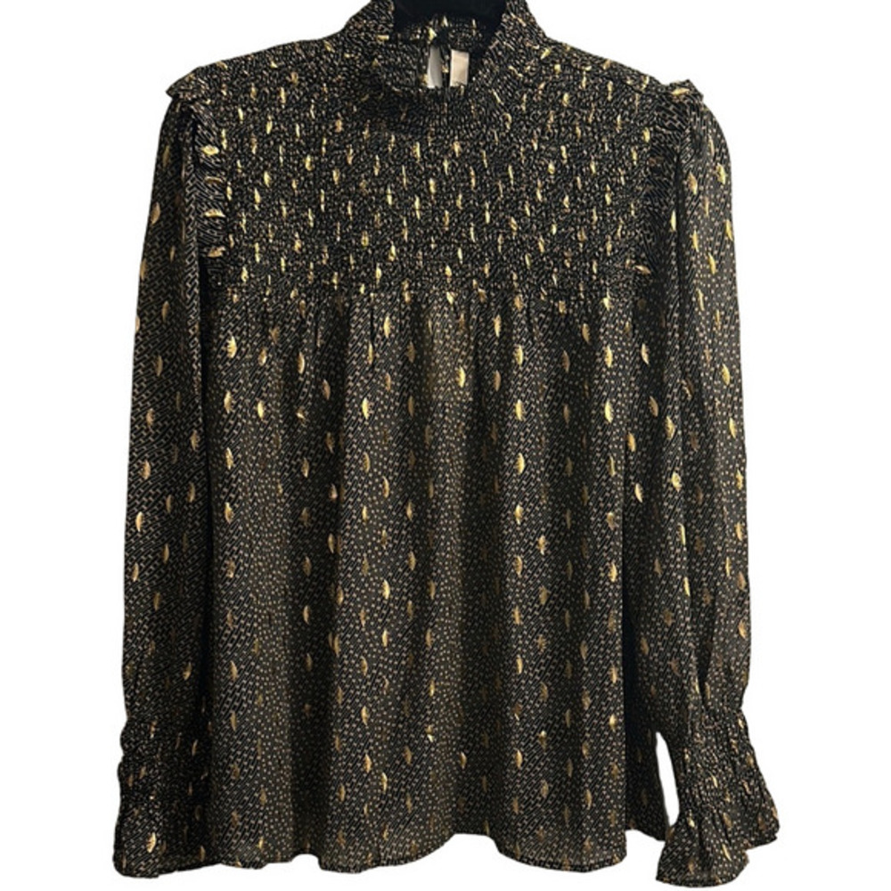 Elan Gold Embellished Smocked Blouse with Mandarin Collar